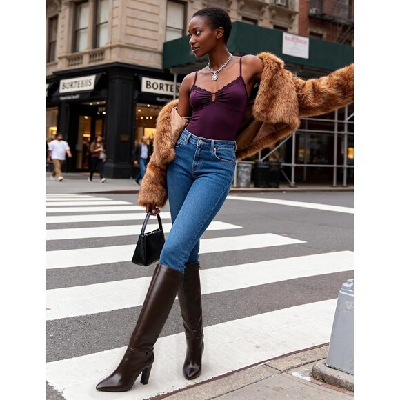 Women's Chocolate 1 Knee High Almond Toe Chunky Block High Heel Side Zipper Boot - Picture 3 of 8